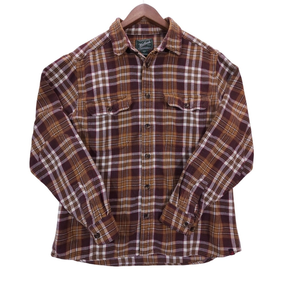 Woolrich Flannel Shirt Mens‎ L Brown Plaid Shacket Button Up Flap Pockets VTG